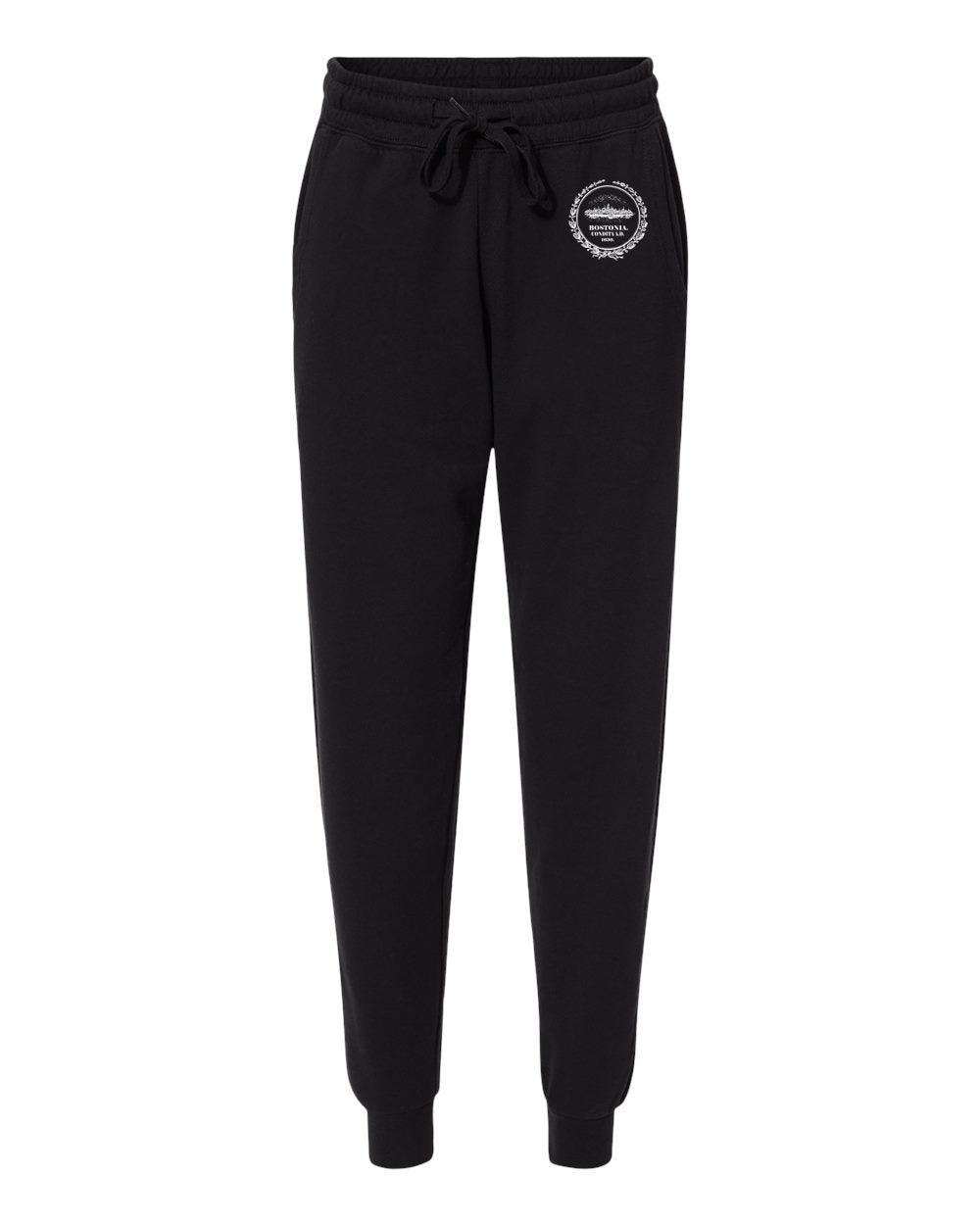 Black Bostonia fleece joggers with an elastic drawstring waistband, side pockets, and a white circular logo on the hip.