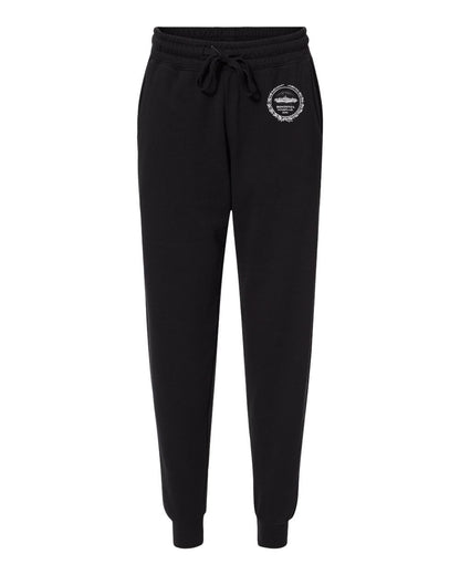 Black Bostonia fleece joggers with an elastic drawstring waistband, side pockets, and a white circular logo on the hip.