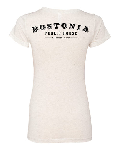 Women's cream triblend tee featuring a black Bostonia Public House logo on the back in a semi-relaxed fit.
