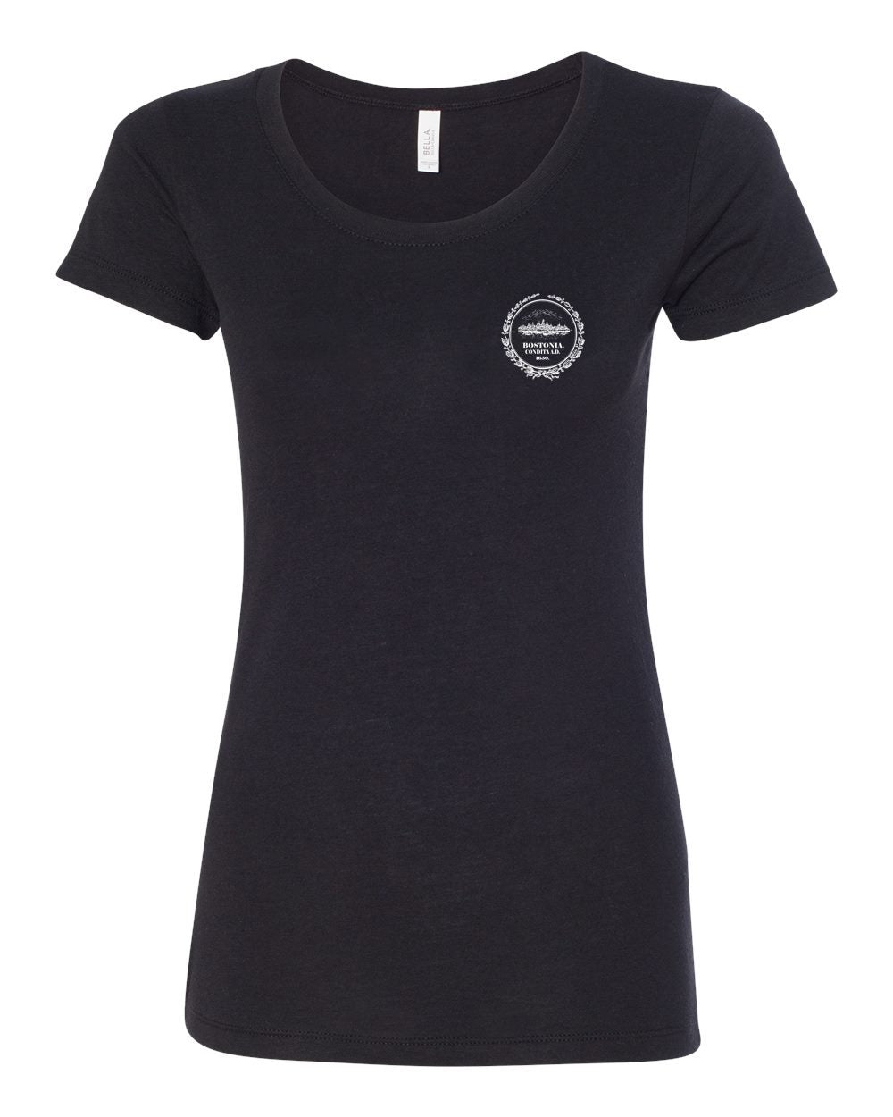 Black women's semi-relaxed triblend tee with a white Bostonia circular logo on the left chest.