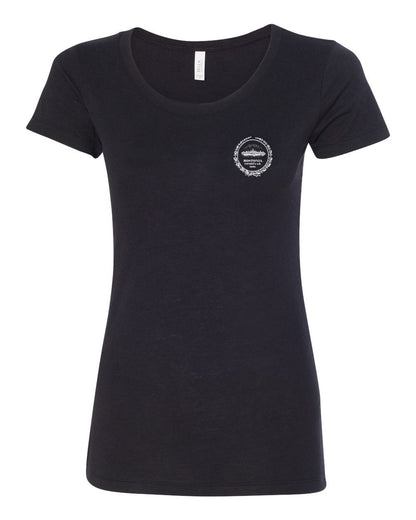 Black women's semi-relaxed triblend tee with a white Bostonia circular logo on the left chest.