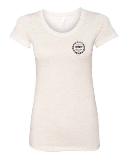 Women's oatmeal triblend scoop neck tee with a small black Bostonia crest graphic on the left chest.