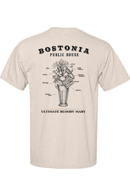 Beige Comfort Colors cotton t-shirt featuring a detailed black ink graphic of a loaded Bloody Mary on the back.