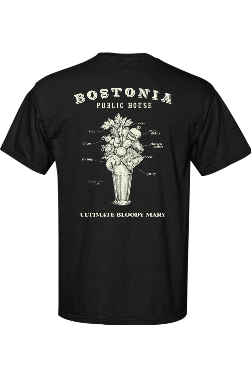 Black Comfort Colors cotton t-shirt featuring a white graphic of a Bostonia Ultimate Bloody Mary with labeled garnishes.