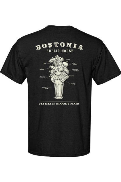 Black Comfort Colors cotton t-shirt featuring a white graphic of a Bostonia Ultimate Bloody Mary with labeled garnishes.