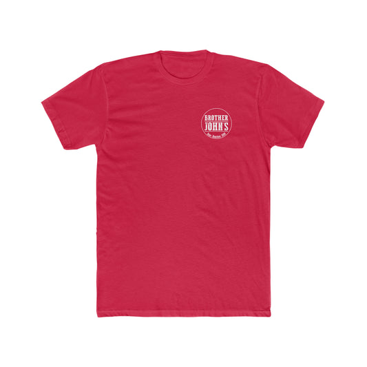 Red premium cotton men's t-shirt featuring a white Brother John's logo on the left chest.