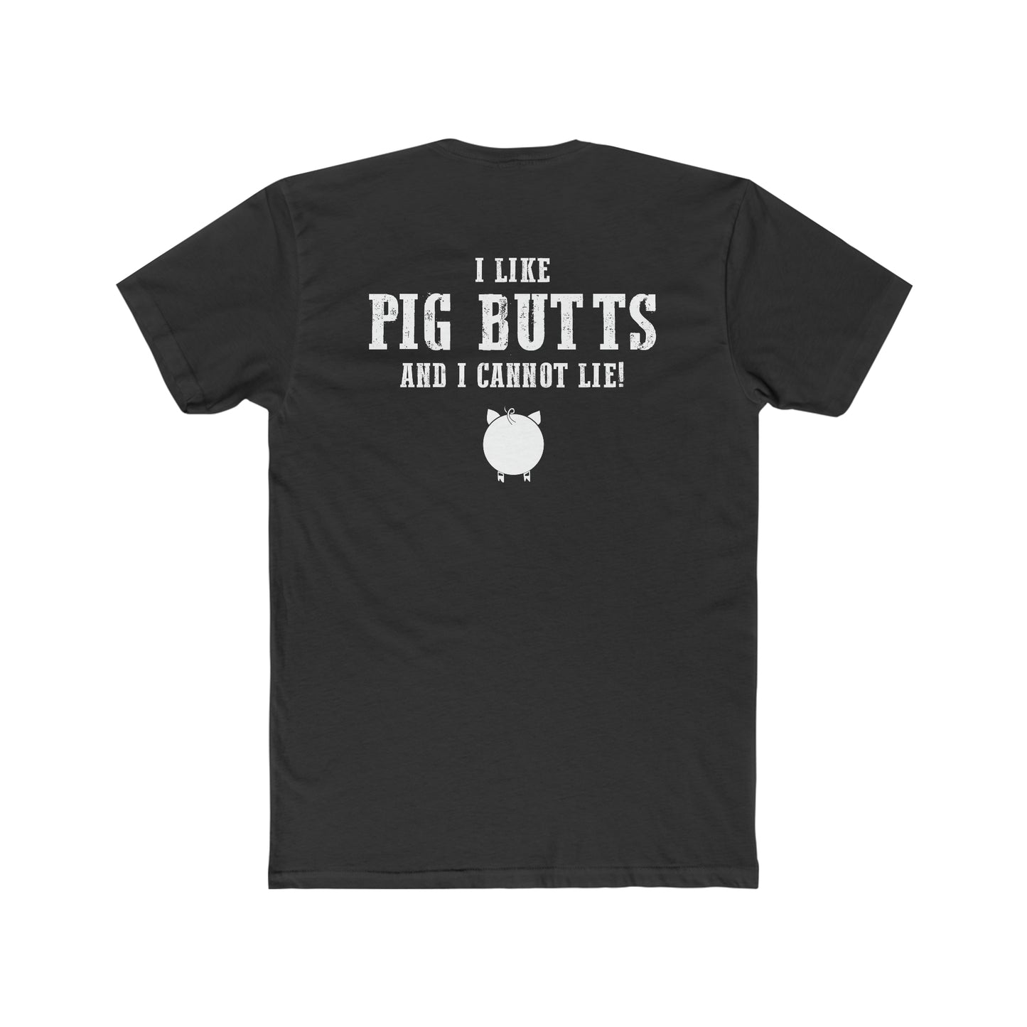 Black premium cotton men's t-shirt featuring the white text I Like Pig Butts And I Cannot Lie with a pig icon.