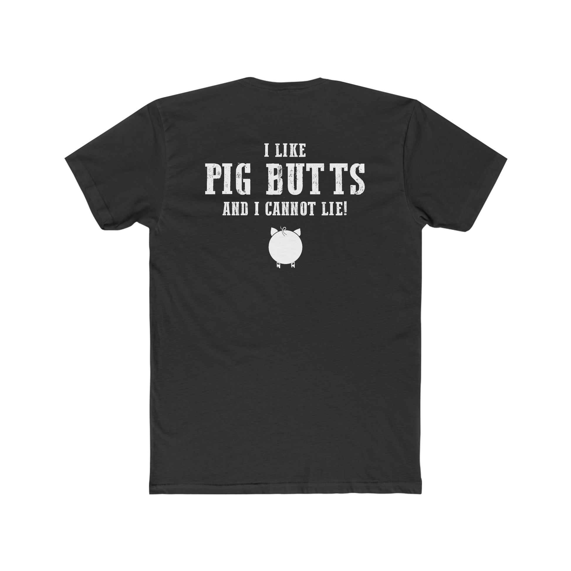 Black premium cotton men's t-shirt featuring the white text I Like Pig Butts And I Cannot Lie with a pig icon.