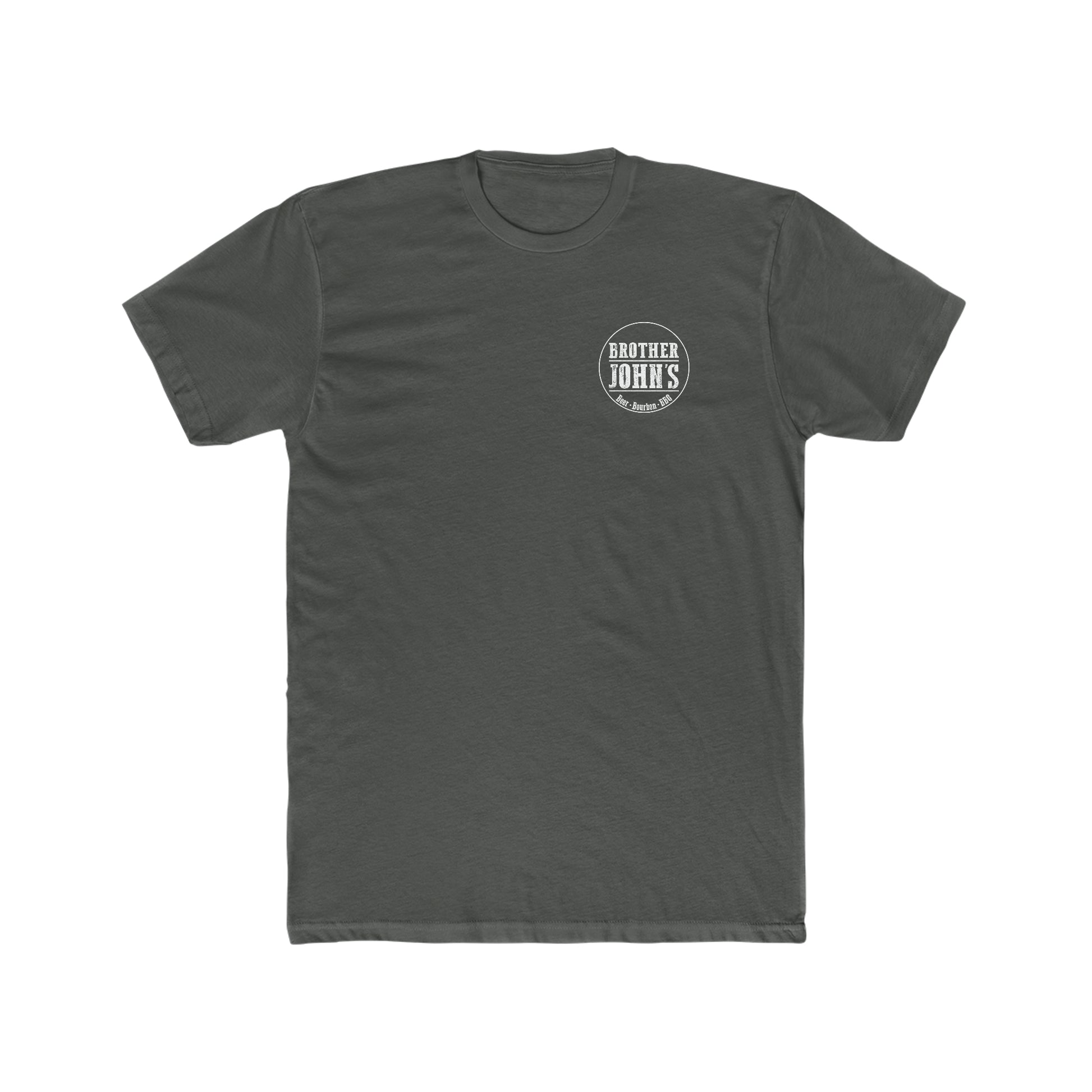 Dark gray premium cotton men's t-shirt featuring a white Brother John's Beer, Bourbon, BBQ logo on the chest.