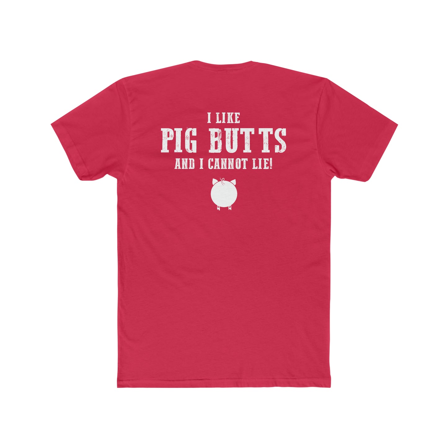 Red premium cotton men's t-shirt featuring white I Like Pig Butts and I Cannot Lie text with a cute pig graphic.