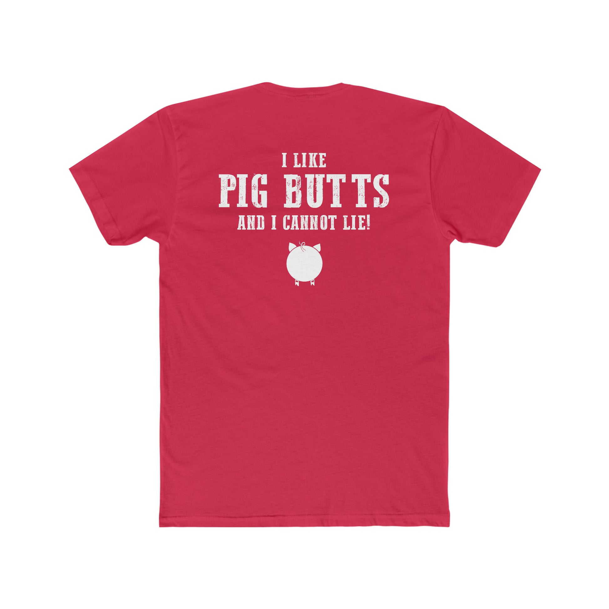 Red premium cotton men's t-shirt featuring white I Like Pig Butts and I Cannot Lie text with a cute pig graphic.