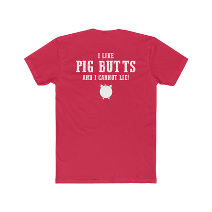 Red premium cotton men's t-shirt featuring white I Like Pig Butts and I Cannot Lie text with a cute pig graphic.