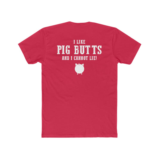 Red premium cotton men's t-shirt featuring white I Like Pig Butts and I Cannot Lie text with a cute pig graphic.