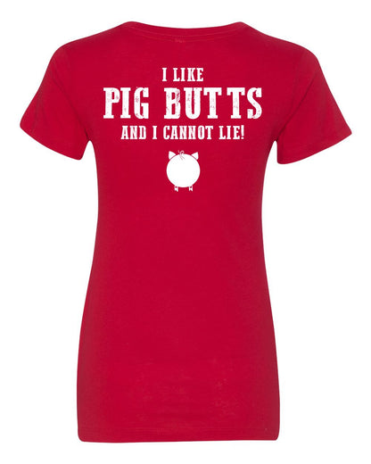 Red women's crewneck t-shirt featuring white I Like Pig Butts and I Cannot Lie text with a pig icon.