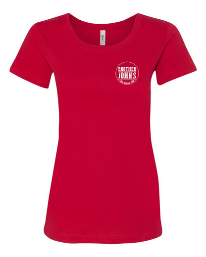 Red women's crewneck t-shirt with white Brother John's logo on the chest, made from soft cotton-polyester blend.