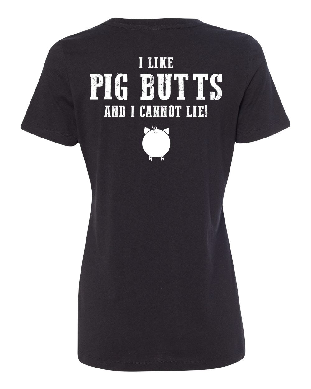 Black women's cotton-blend t-shirt featuring white I Like Pig Butts and I Cannot Lie text with a pig icon.