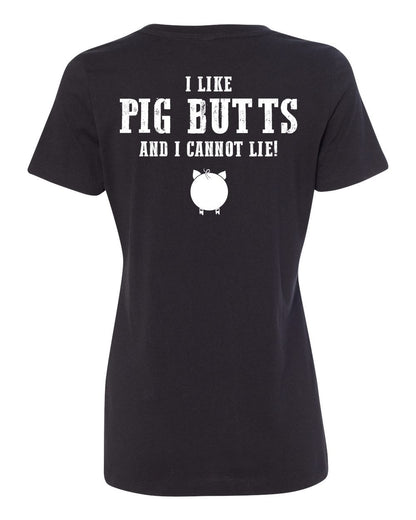 Black women's cotton-blend t-shirt featuring white I Like Pig Butts and I Cannot Lie text with a pig icon.