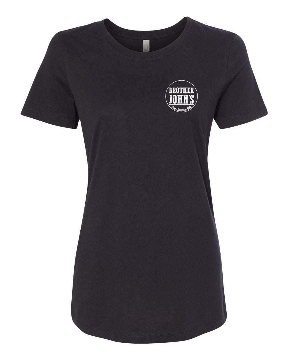 Black women's crewneck t-shirt with Brother John's Beer, Bourbon, BBQ logo on the left chest.