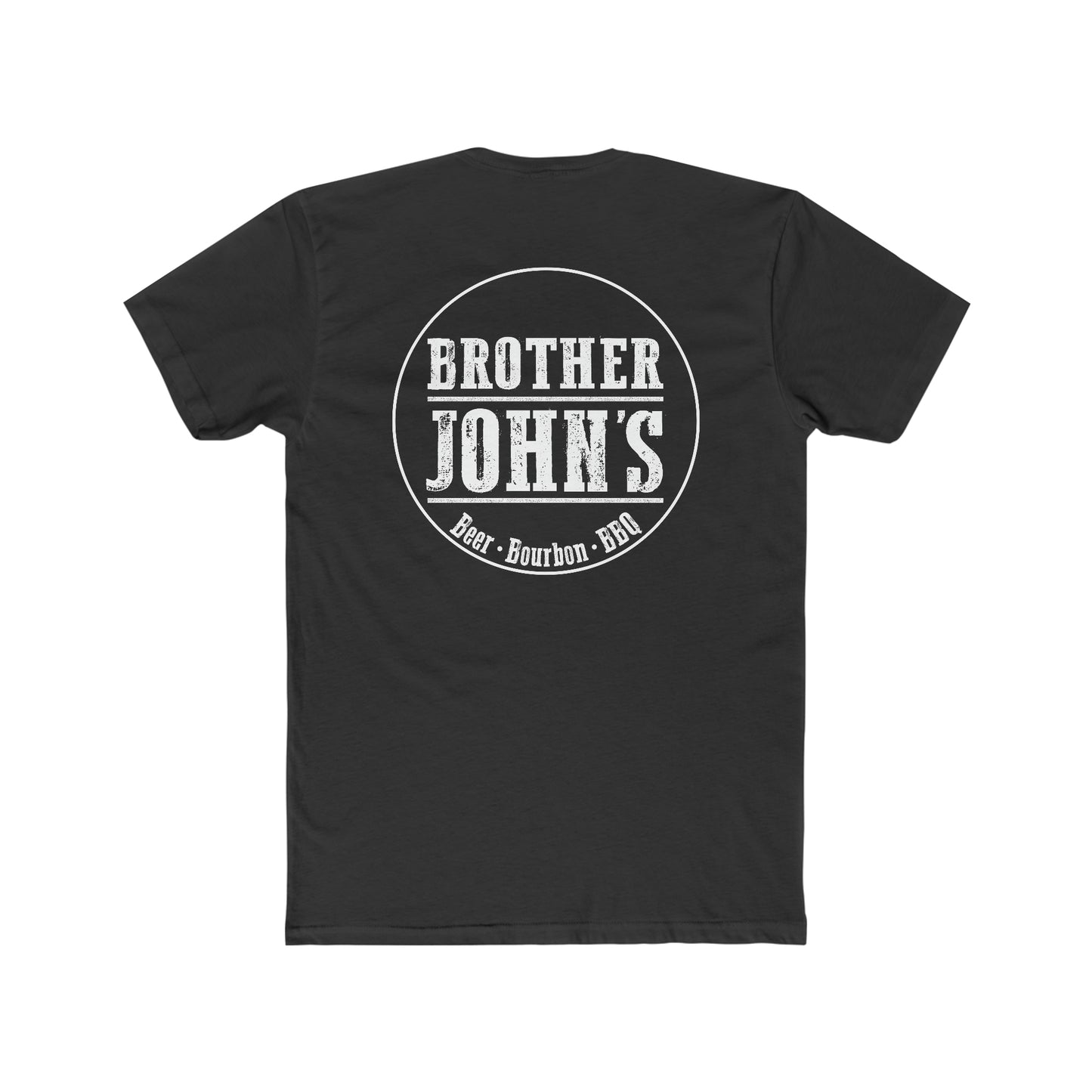 Black cotton crew neck t-shirt featuring a white circular Brother John's Beer, Bourbon, and BBQ graphic on the back.