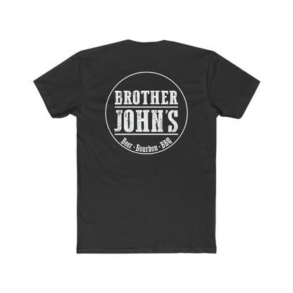 Black cotton crew neck t-shirt featuring a white circular Brother John's Beer, Bourbon, and BBQ graphic on the back.