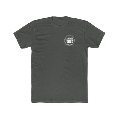 Dark gray Brother John's crew neck cotton t-shirt with a white circular logo on the left chest.
