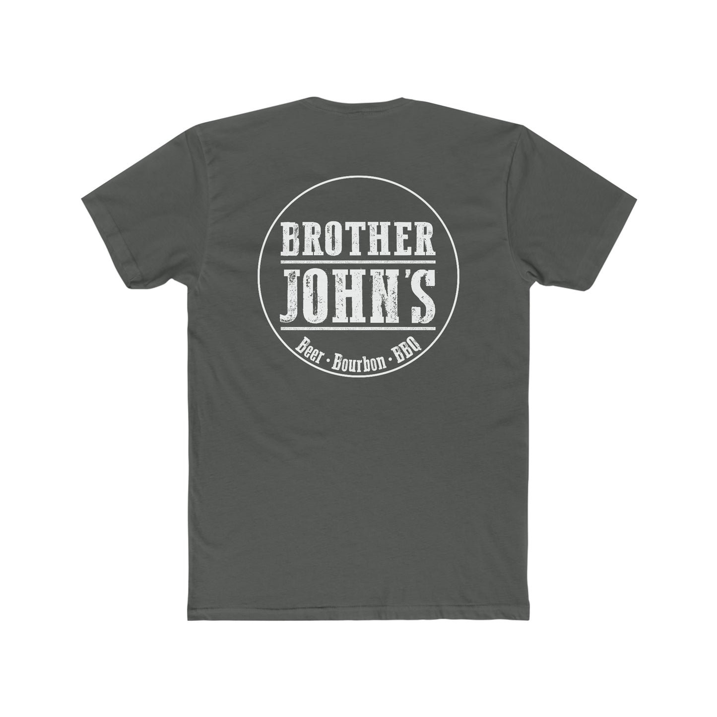 Dark gray men's cotton crew neck t-shirt featuring a white Brother John's Beer, Bourbon, and BBQ logo on the back.