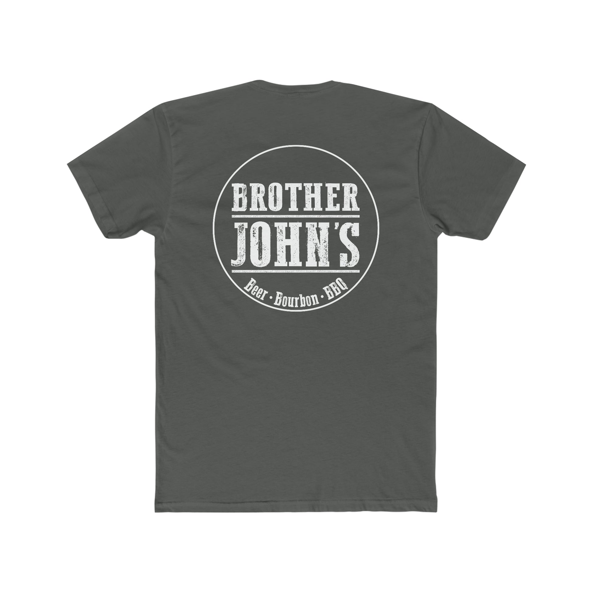 Dark gray men's cotton crew neck t-shirt featuring a white Brother John's Beer, Bourbon, and BBQ logo on the back.