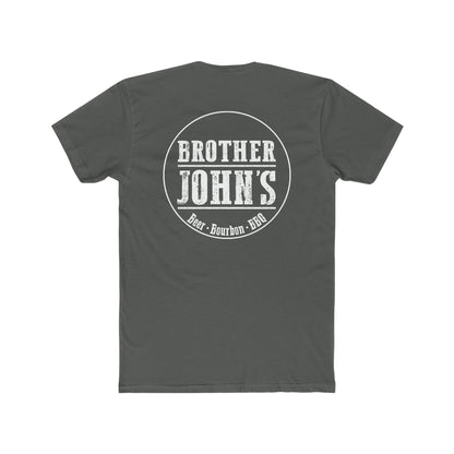 Dark gray men's cotton crew neck t-shirt featuring a white Brother John's Beer, Bourbon, and BBQ logo on the back.