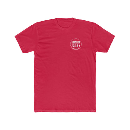 Red Brother John’s crew neck t-shirt in soft combed cotton with a white circular chest logo.