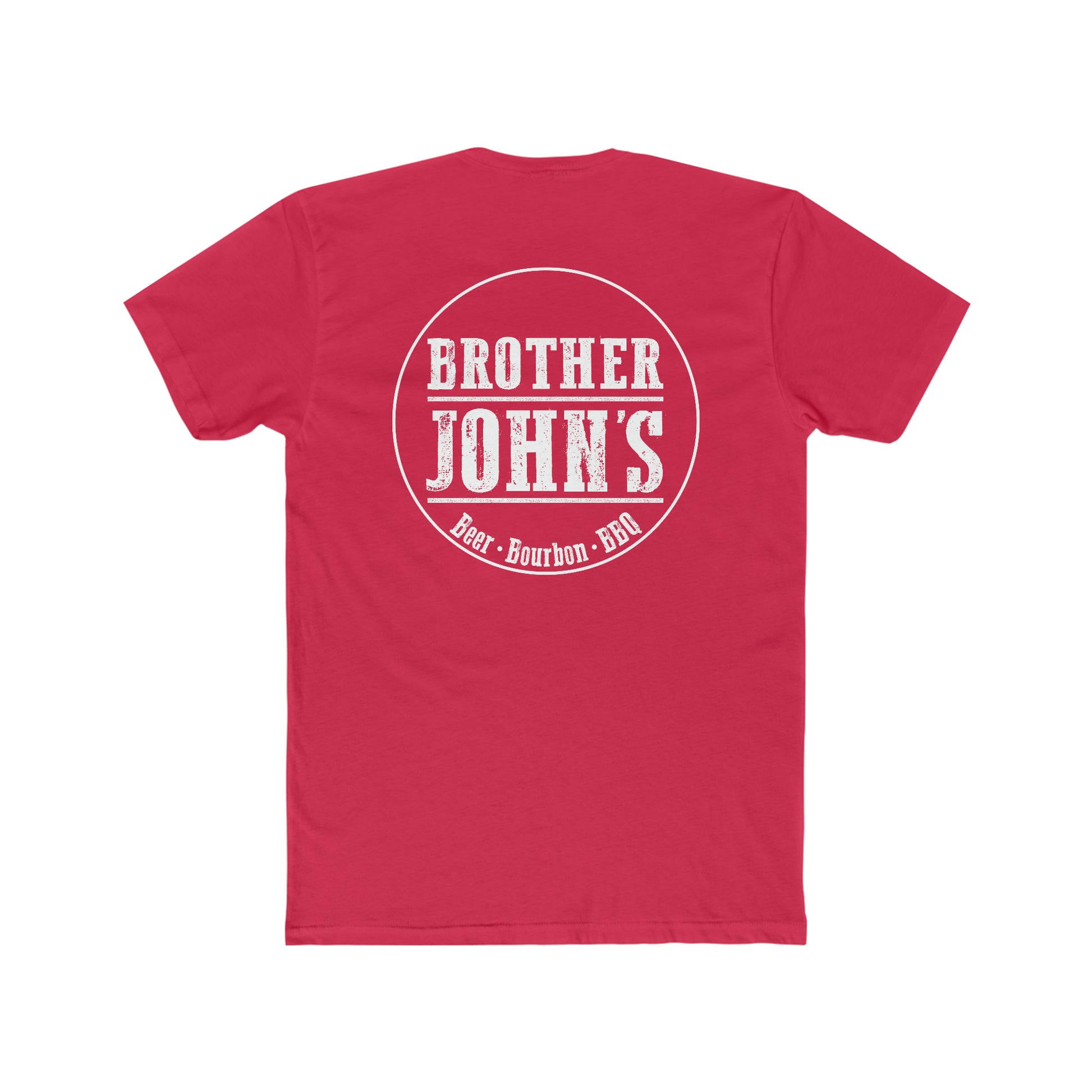 Red cotton crew neck t-shirt featuring a white Brother John’s Beer, Bourbon, and BBQ circular logo on the back.