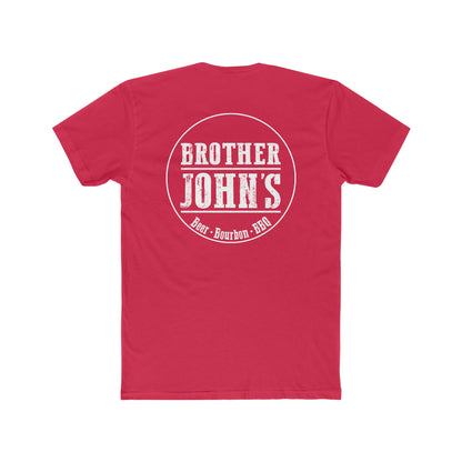 Red cotton crew neck t-shirt featuring a white Brother John’s Beer, Bourbon, and BBQ circular logo on the back.