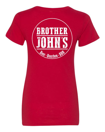 Red Brother John's women's cotton-blend t-shirt featuring a white circular logo graphic on the back.