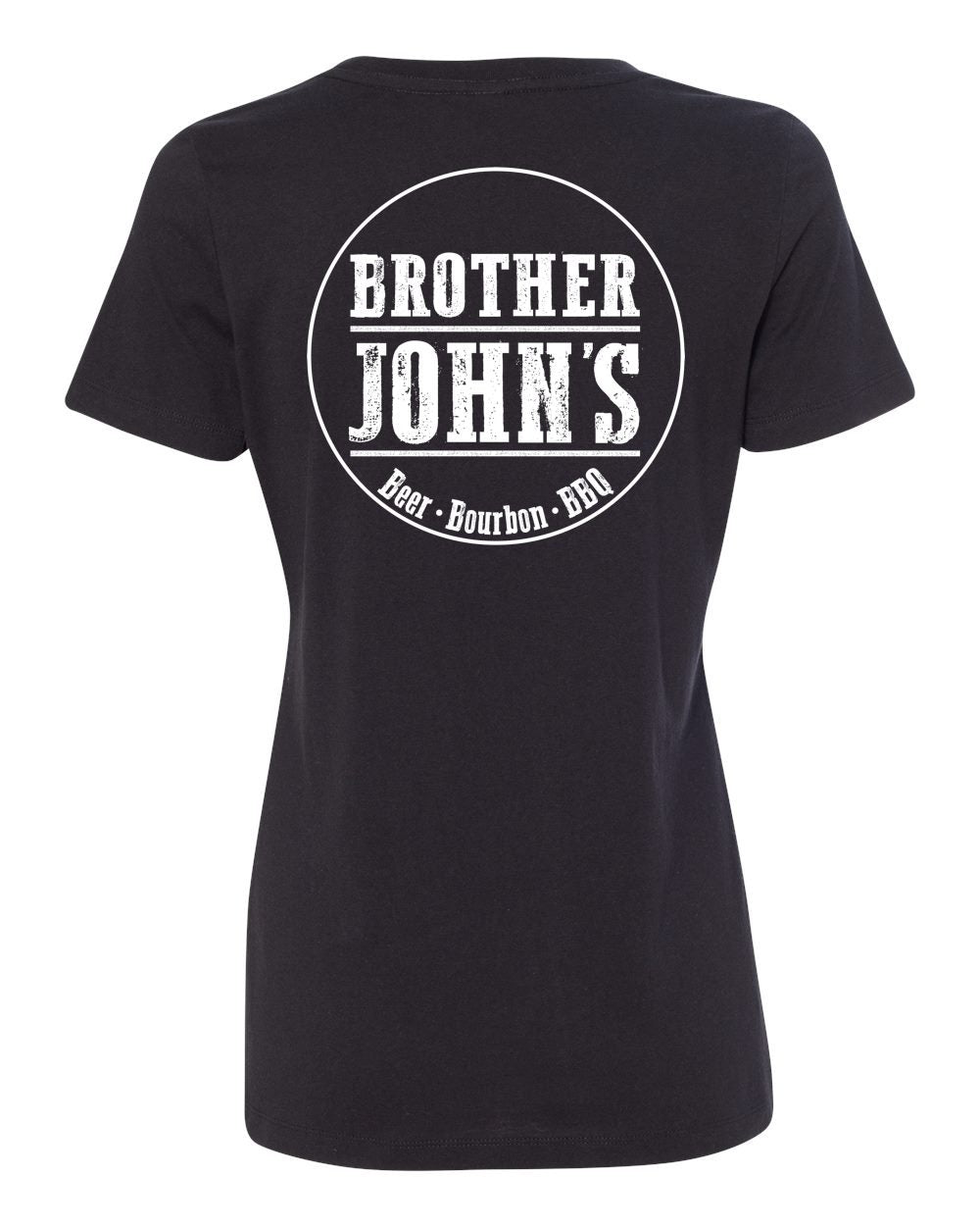 Black Brother John's women's cotton-blend t-shirt featuring a white circular logo graphic on the back.