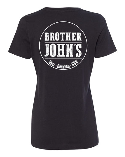 Black Brother John's women's cotton-blend t-shirt featuring a white circular logo graphic on the back.