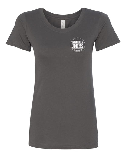 Dark gray women's cotton-blend crewneck t-shirt featuring a white Brother John's Beer, Bourbon, BBQ chest logo.