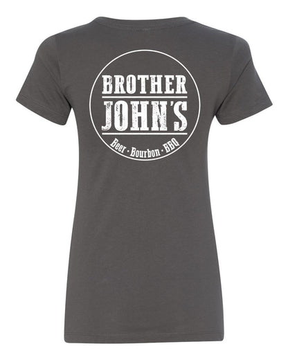 Charcoal grey women's cotton-blend t-shirt featuring a white Brother John's Beer, Bourbon, and BBQ circular back logo.