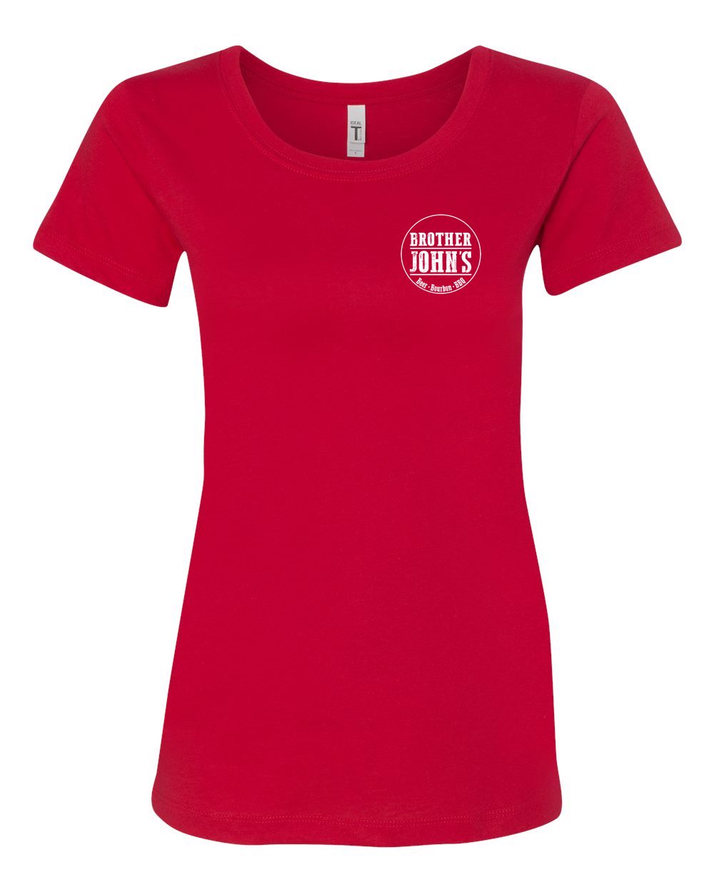 Red women's crewneck T-shirt in soft cotton-poly blend featuring a white Brother John's logo on the chest.