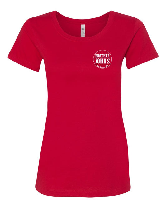 Red women's crewneck T-shirt in soft cotton-poly blend featuring a white Brother John's logo on the chest.
