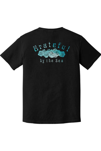 Black Comfort Colors t-shirt featuring a Grateful by the Sea graphic with blue roses on the back.