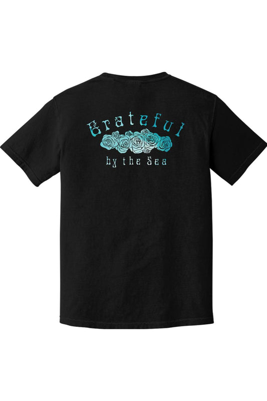 Black Comfort Colors t-shirt featuring a Grateful by the Sea graphic with blue roses on the back.