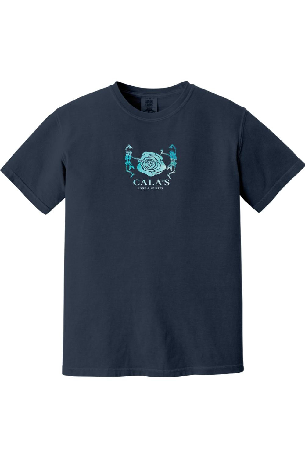 Navy blue Comfort Colors unisex t-shirt featuring a blue dancing skeleton and rose graphic with Cala's logo.