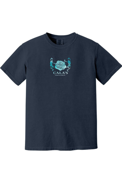Navy blue Comfort Colors unisex t-shirt featuring a blue dancing skeleton and rose graphic with Cala's logo.