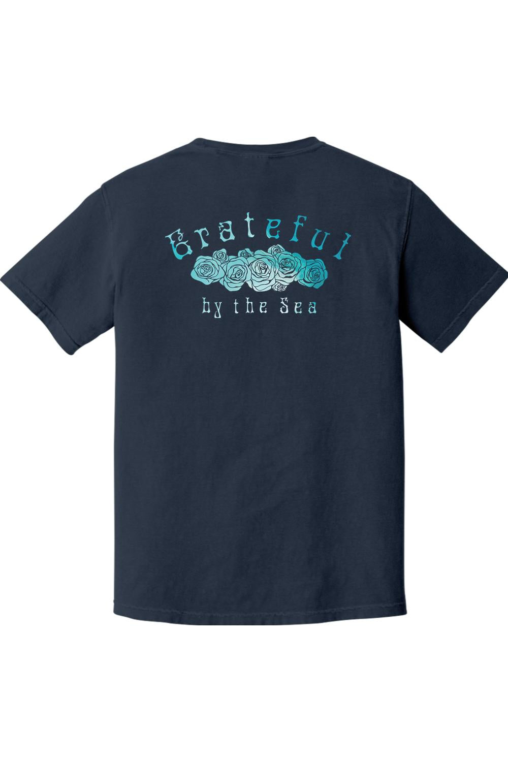 Navy blue Comfort Colors t-shirt featuring a teal rose graphic with Grateful by the Sea text on the back.