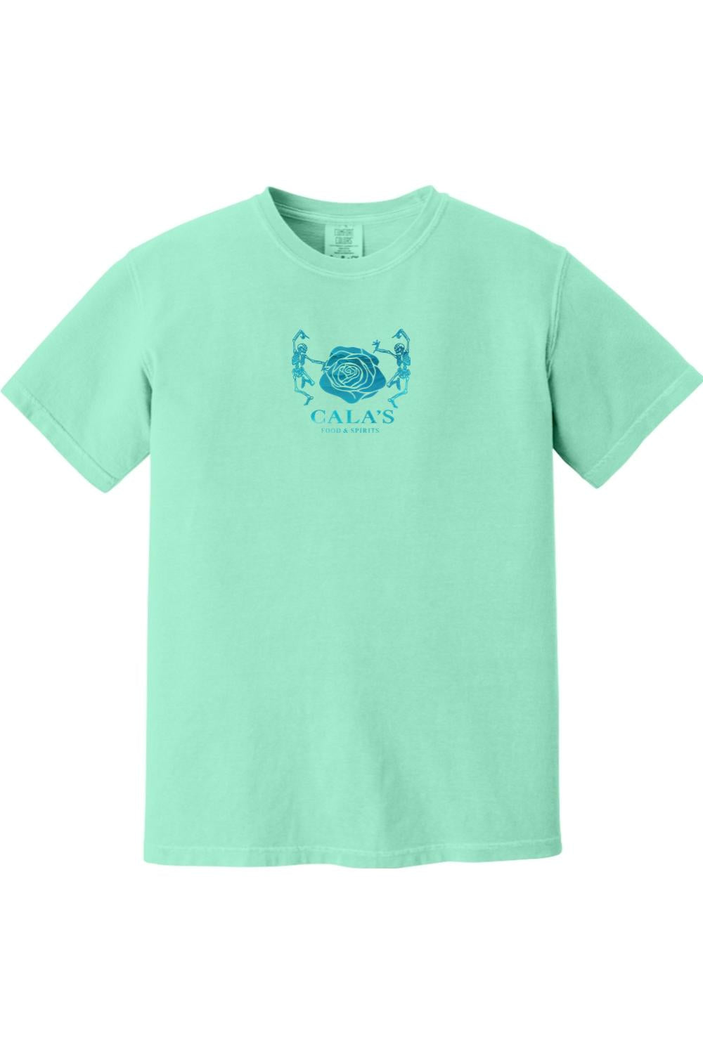 Mint green Comfort Colors t-shirt featuring a blue graphic of dancing skeletons and a rose with Cala's Food & Spirits text.