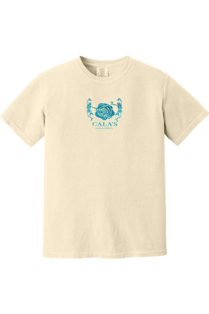 Cream-colored Comfort Colors unisex t-shirt featuring a blue dancing skeleton and rose graphic with Cala's branding.
