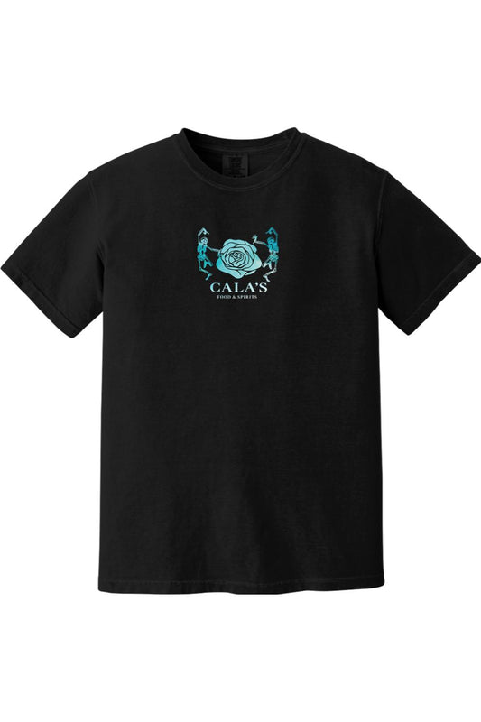 Black Comfort Colors t-shirt featuring a blue dancing skeleton and rose graphic with Cala's Food & Spirits logo.