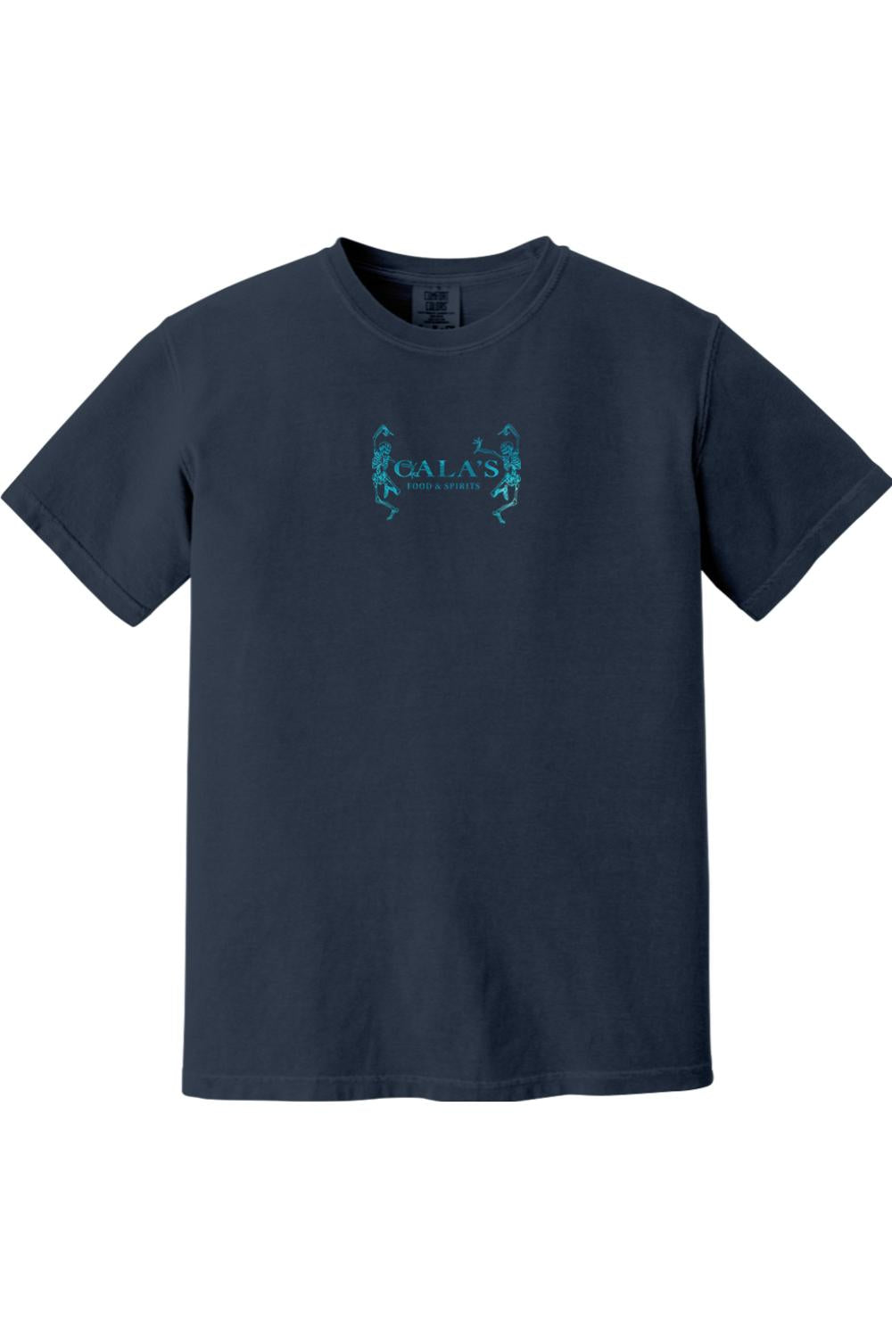 Navy blue Comfort Colors t-shirt featuring a teal skeleton graphic and Cala's Food & Spirits logo on the chest.
