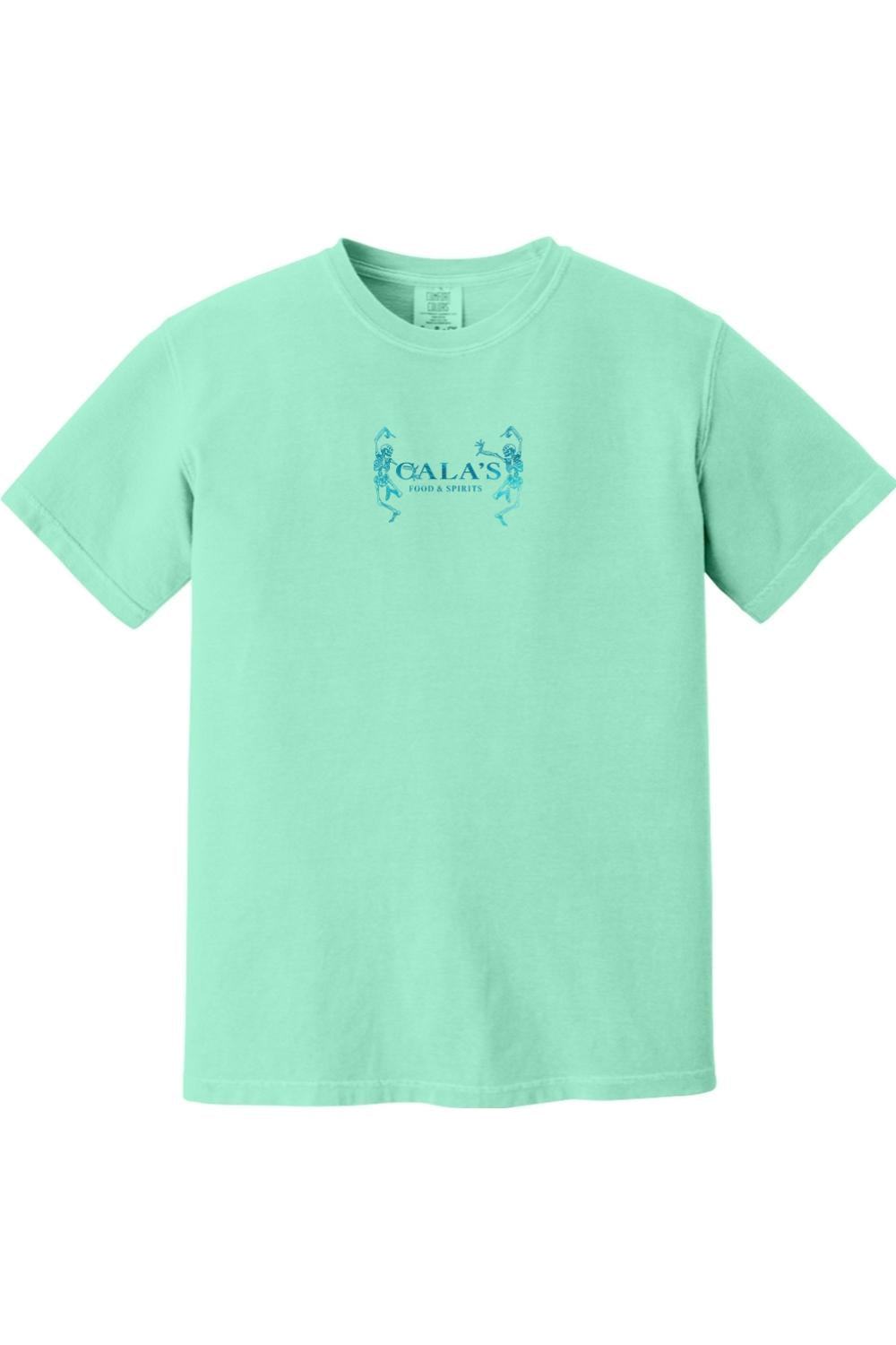 Mint green Comfort Colors unisex t-shirt featuring a small blue Cala's Food & Spirits logo with dancing skeletons.