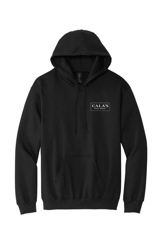 Black pullover hoodie with a drawstring hood, front kangaroo pocket, and white Cala's Food & Spirits chest logo.