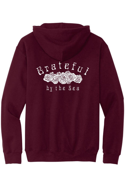 Maroon zip-up hoodie featuring a white Grateful by the Sea rose graphic on the back.